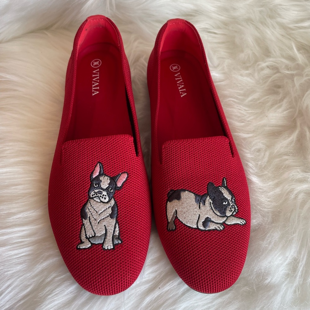 Vivaia Red Embroidered French Bulldog Flats